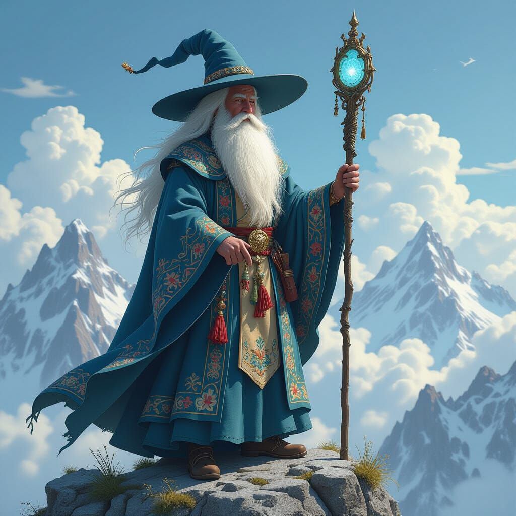 Mystical Wizard on Mountain Peak in Whimsical Style