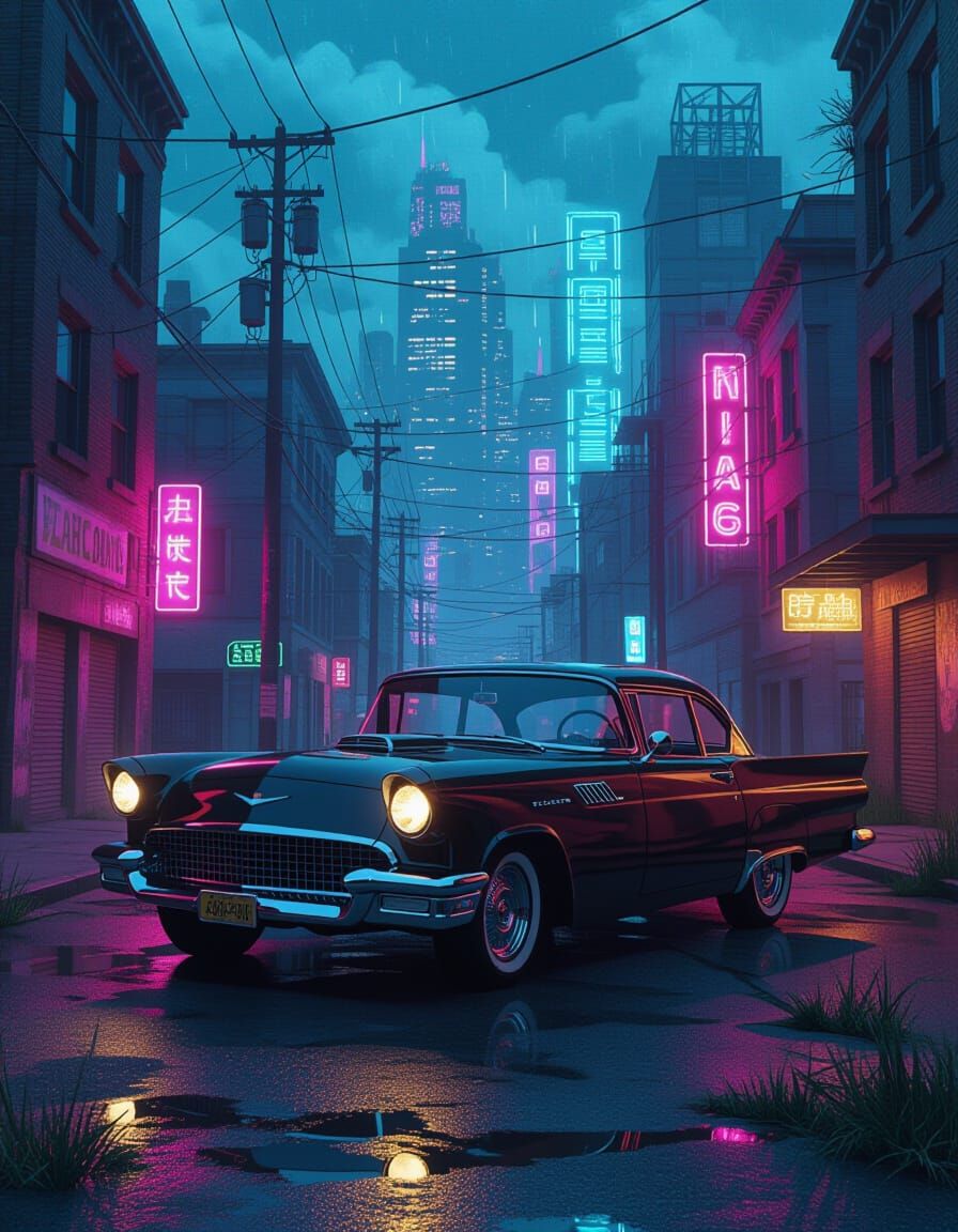 Vintage Muscle Car in Neon Metropolis