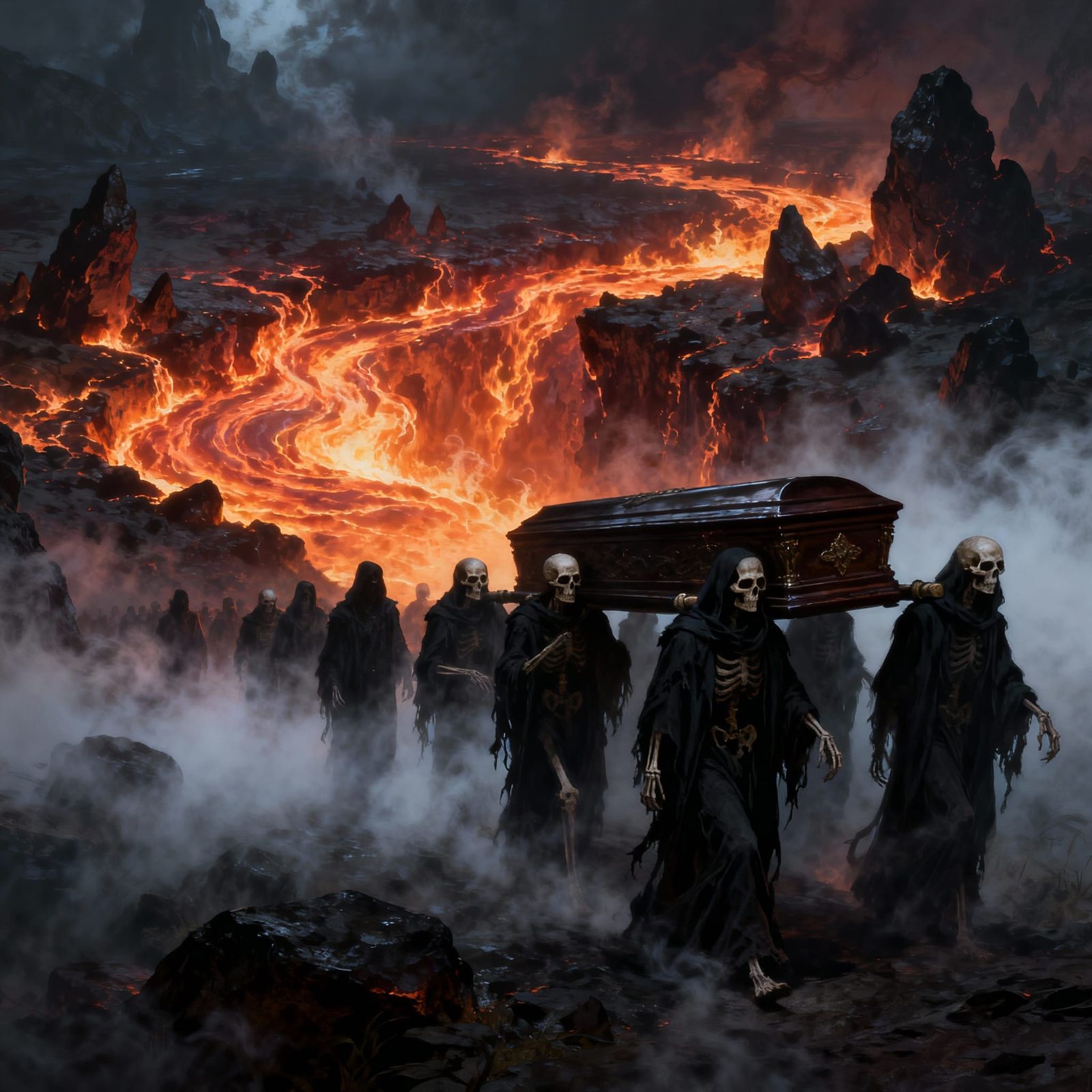 Macabre Funeral Procession to Hell in Dark Fantasy Style