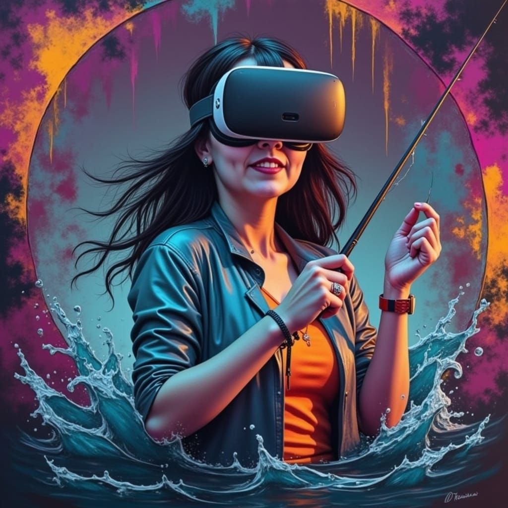 Real VR Fishing, a female wearing a white Meta Quest 3 <lora...