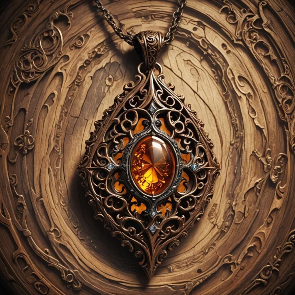 Filigree Wood Pendant with Amber Jewel