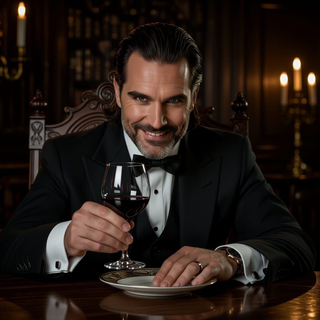 Gothic Man Offers Wine with a Smile