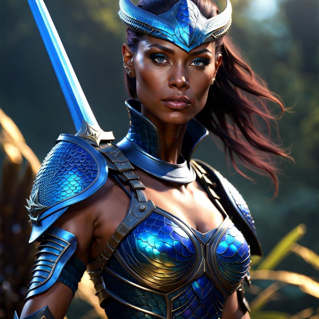 Iridescent Lizard-Woman Warrior with Broadsword