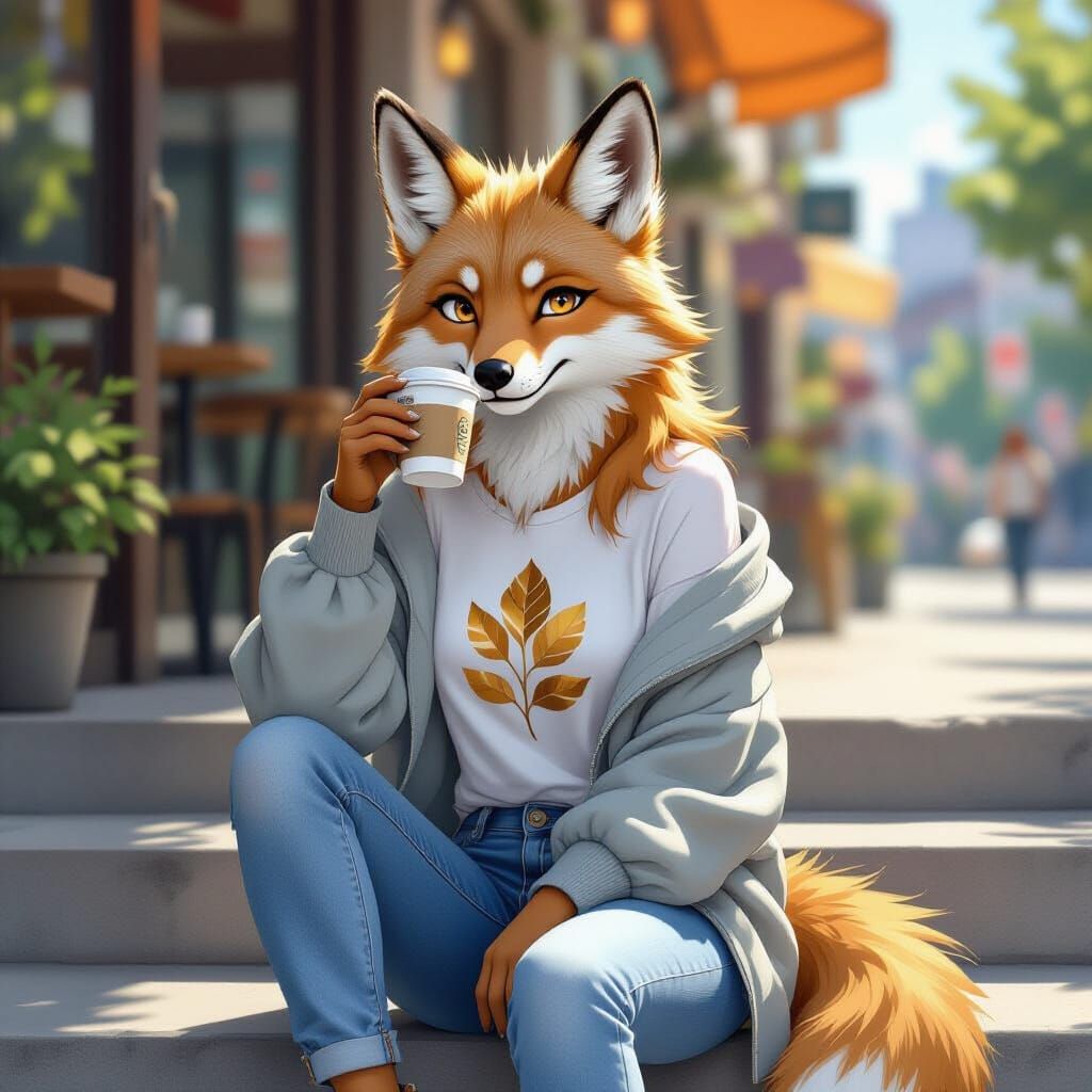 Maned Wolf Girl Bored on Cafe Stairs in Anime Style