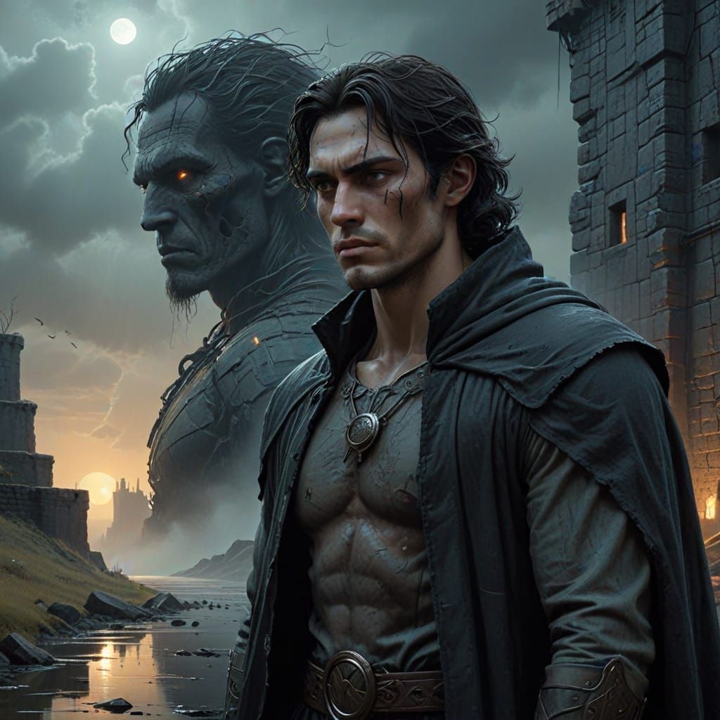 Dark Gray Skinned God with Stone Face and Black Cloak