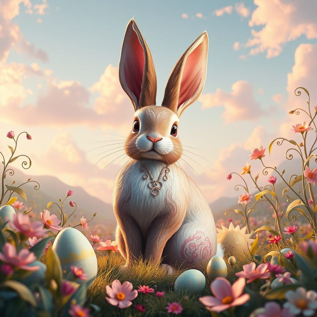 Majestic Easter Bunny in Whimsical Dreamlike Landscape