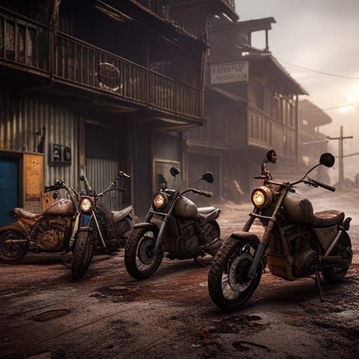 Motorcycles in Post-Apocalyptic Town: Matte Painting