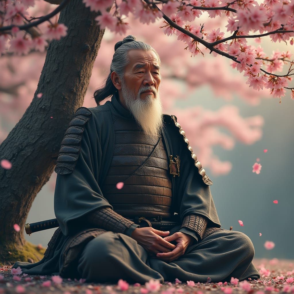 Elderly Samurai Meditating Under Cherry Blossoms