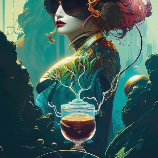 Parisian Night Cafe: Barista in Neon Cosmic Style