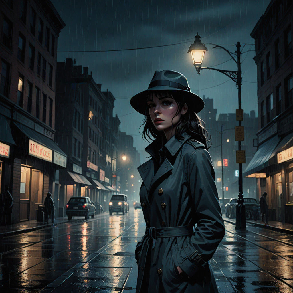 A film noir inspired impressionistic waist up monochromatic illustration of a stunningly beautiful woman with medium len...