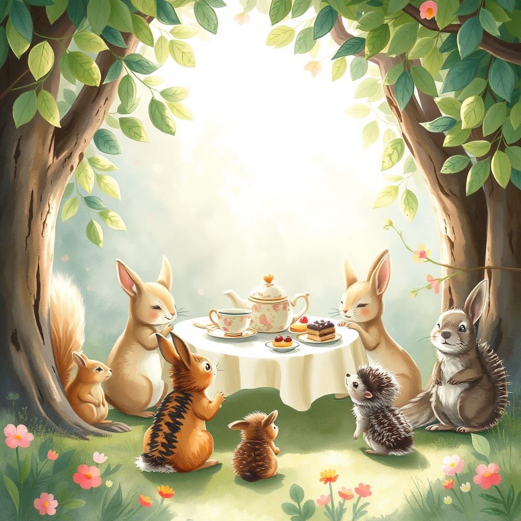 Whimsical Woodland Tea Party in Charming Watercolor Style