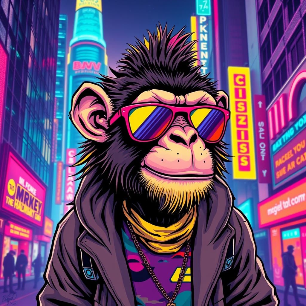 Colorful Monkey in Futuristic Cityscape, Digital Illustratio...