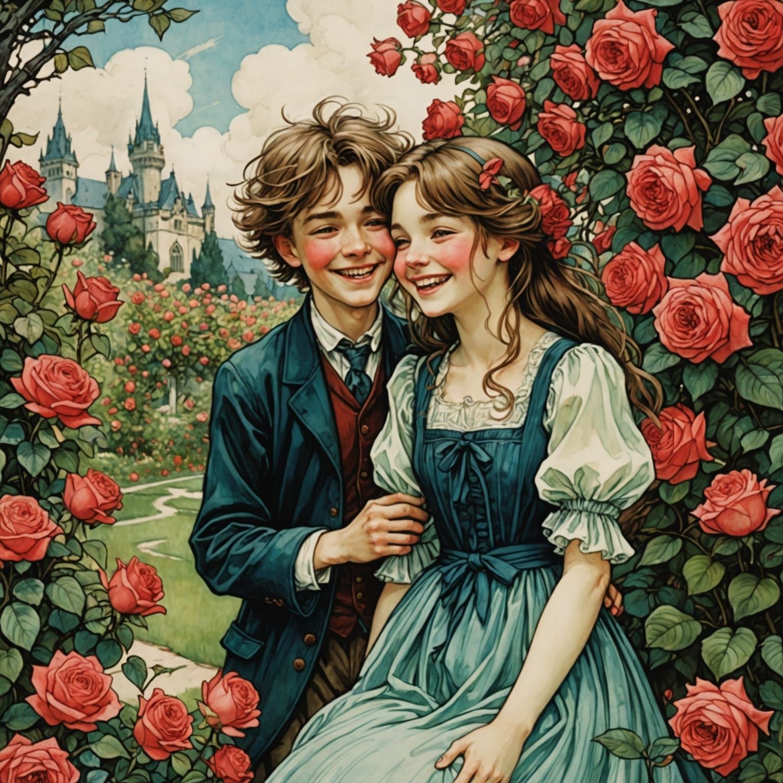 Laughing Girl and Smiling Boy in Rose Garden