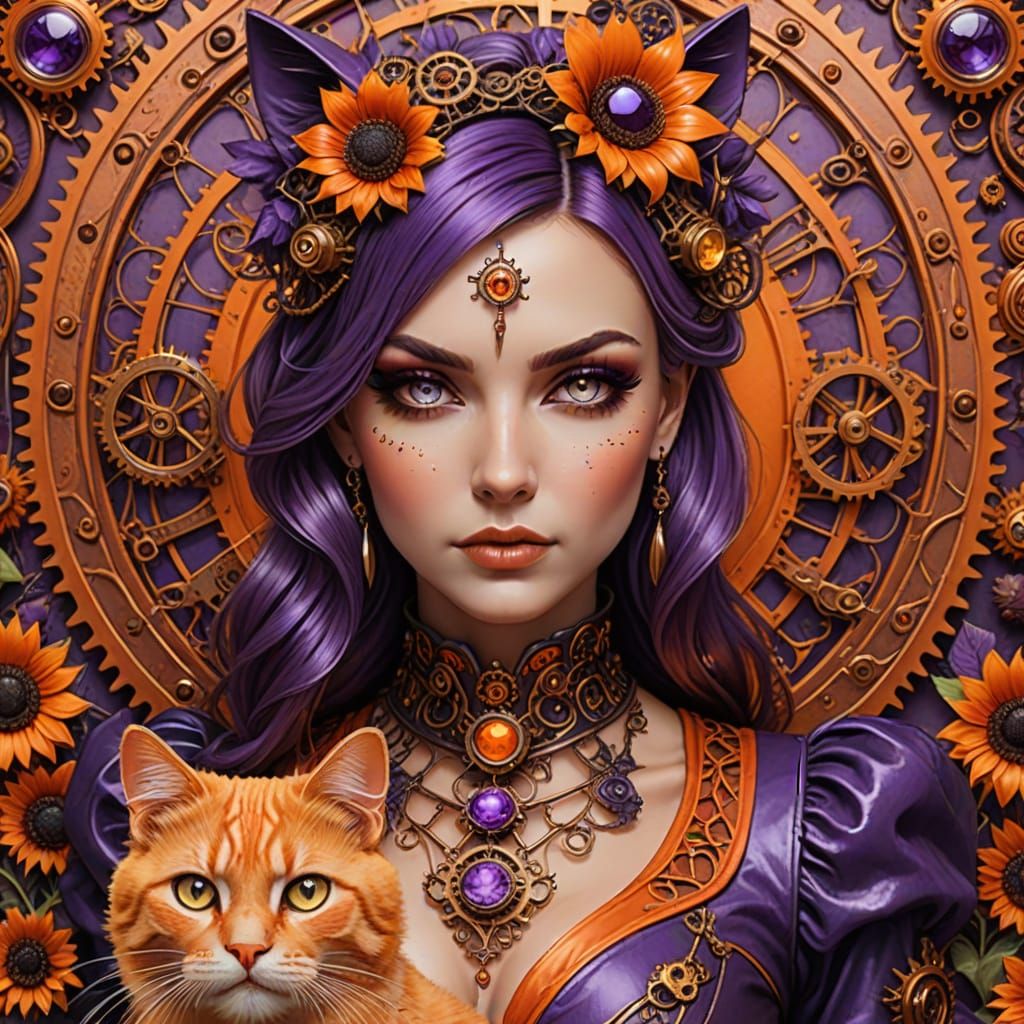 Steampunk Queen in Opulent Purple and Orange Attire with Gin...