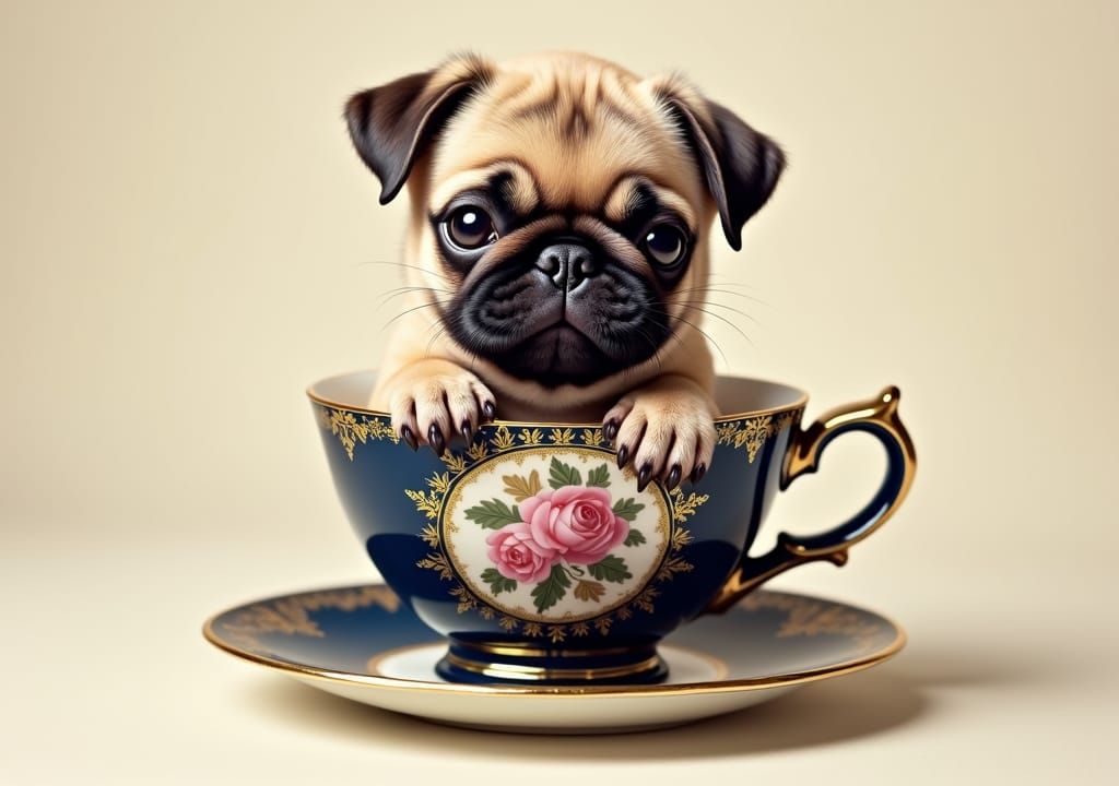 Baby Pug in Antique Teacup: Photorealistic 19th Century Styl...