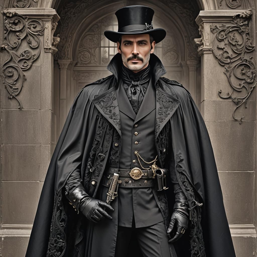 Gothic Steampunk Detective in Black Ball Gown
