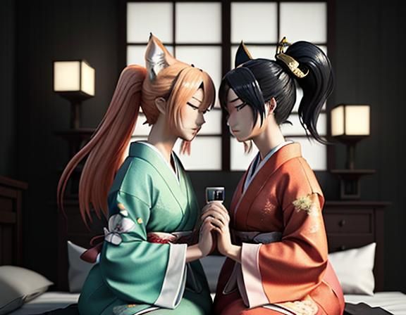 Two Kitsune Kissing in Serene Manga Bedroom