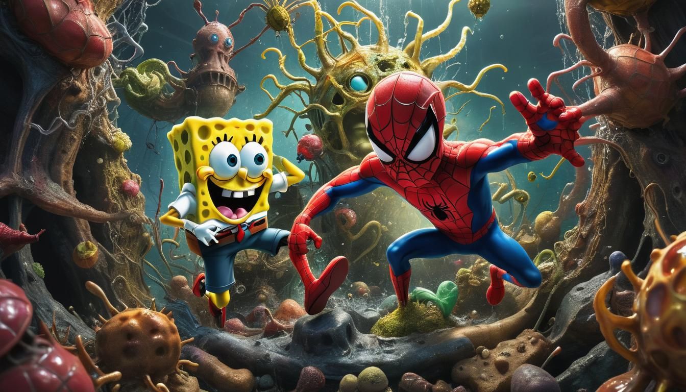 a mashup of SpongeBob  and spiderman fusion