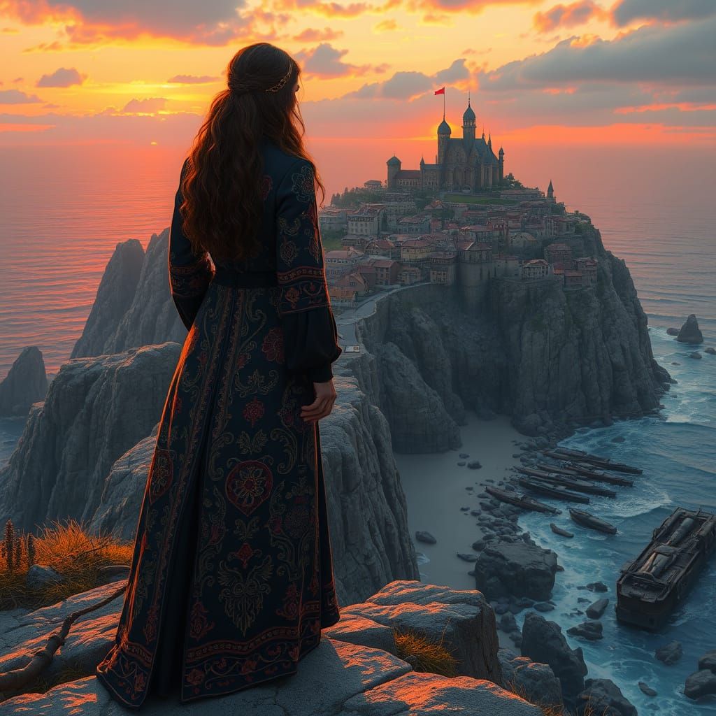 Steampunk Sunset Over Cliffside Village