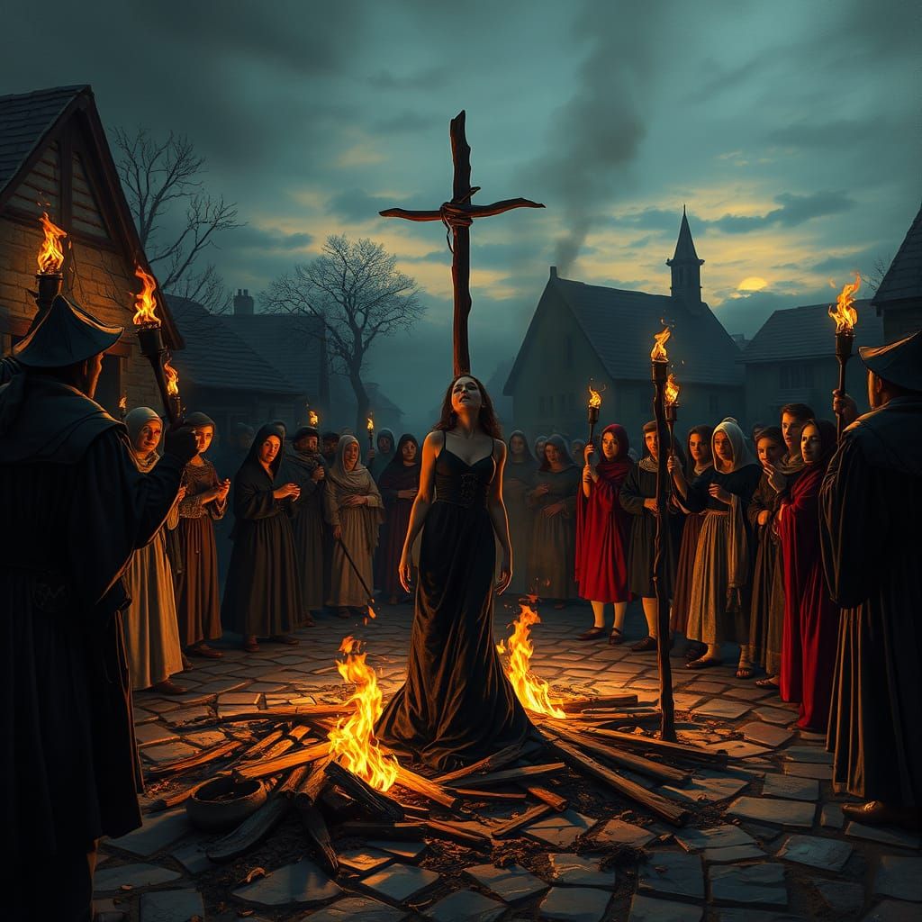 Medieval Woman's Torment at the Stake, in Dark Realism Style