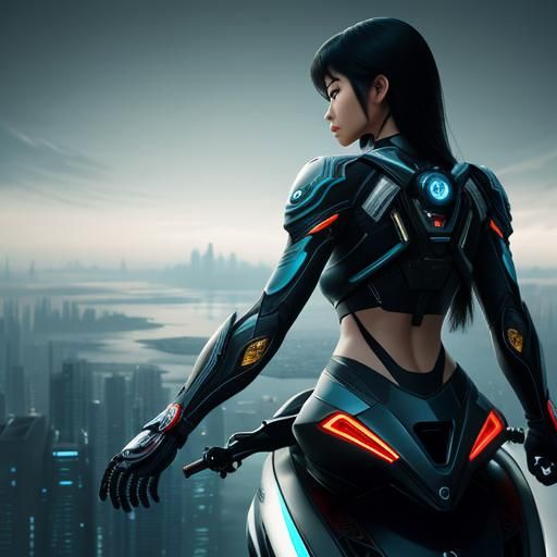 Futuristic Asian Girl on Flying Motorcycle
