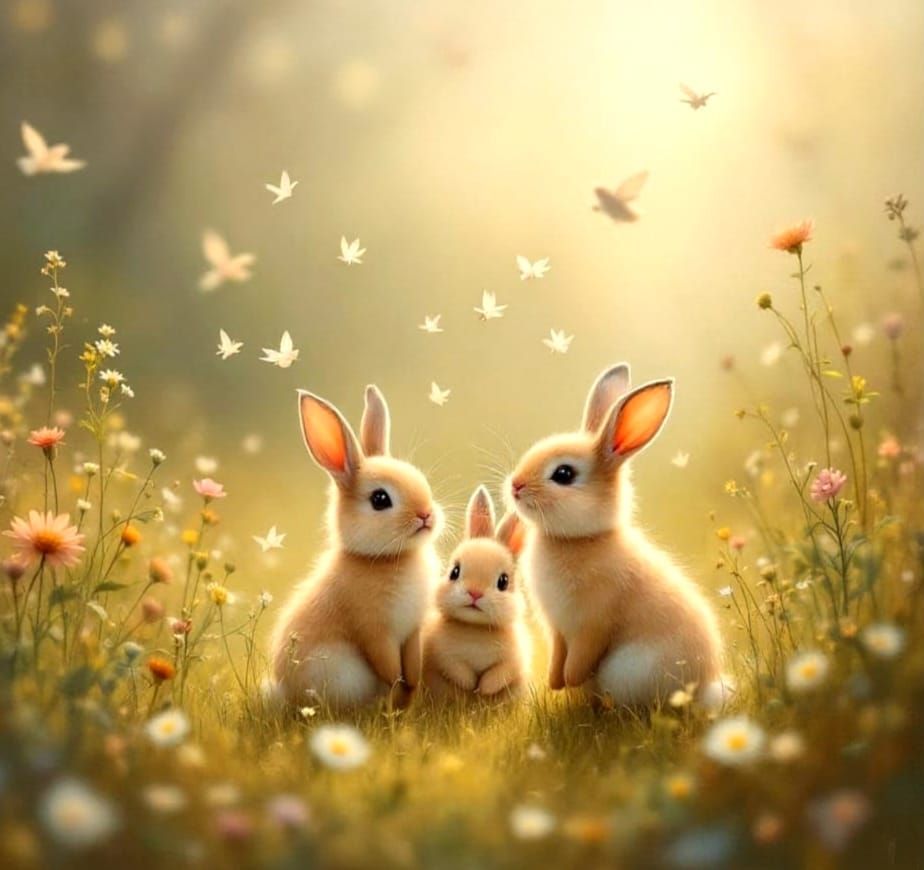 Whimsical Morning Meadow Scene in Delicate Watercolour Style