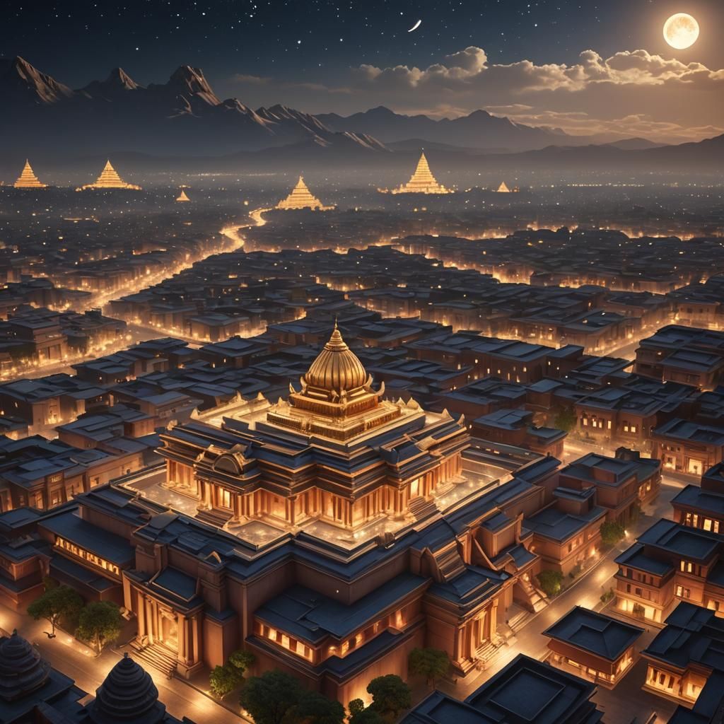 Hindu Temple City at Night: 3D Digital Art