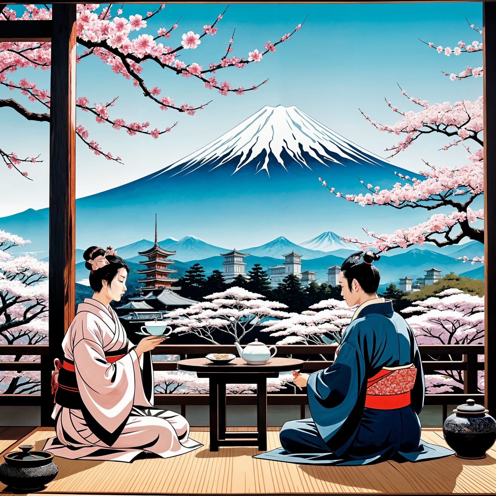 Geisha and Samurai Tea Ceremony with Mount Fuji
