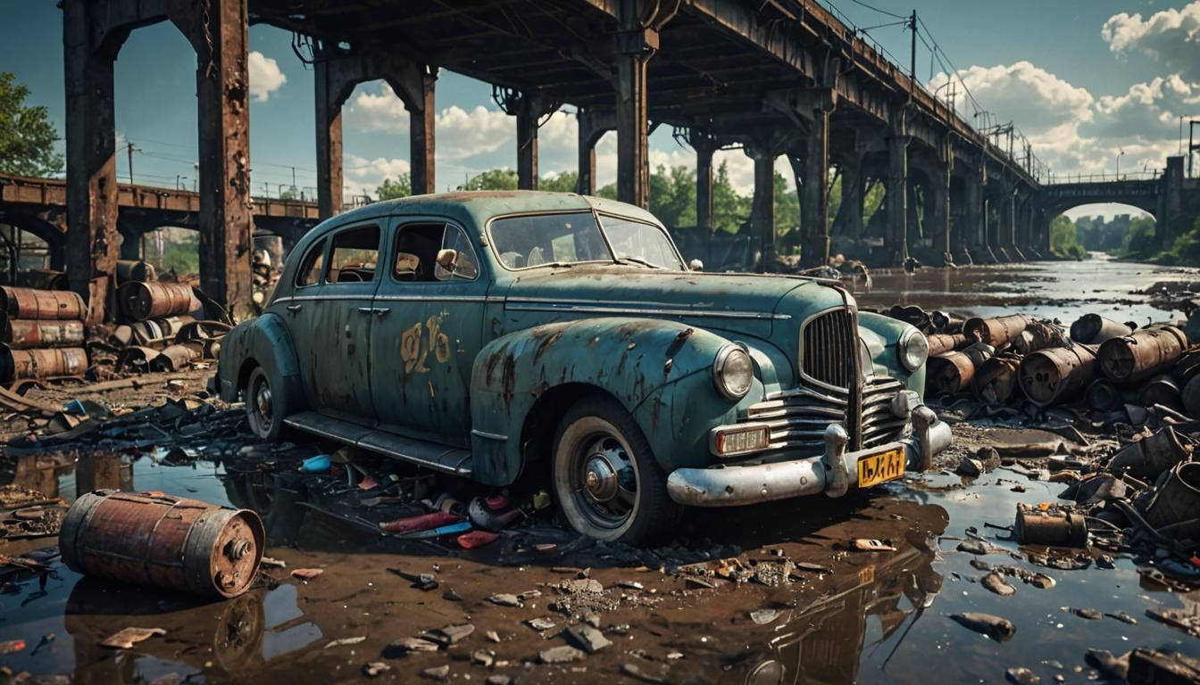 Dieselpunk Limousine on Ruined Bridge at Night