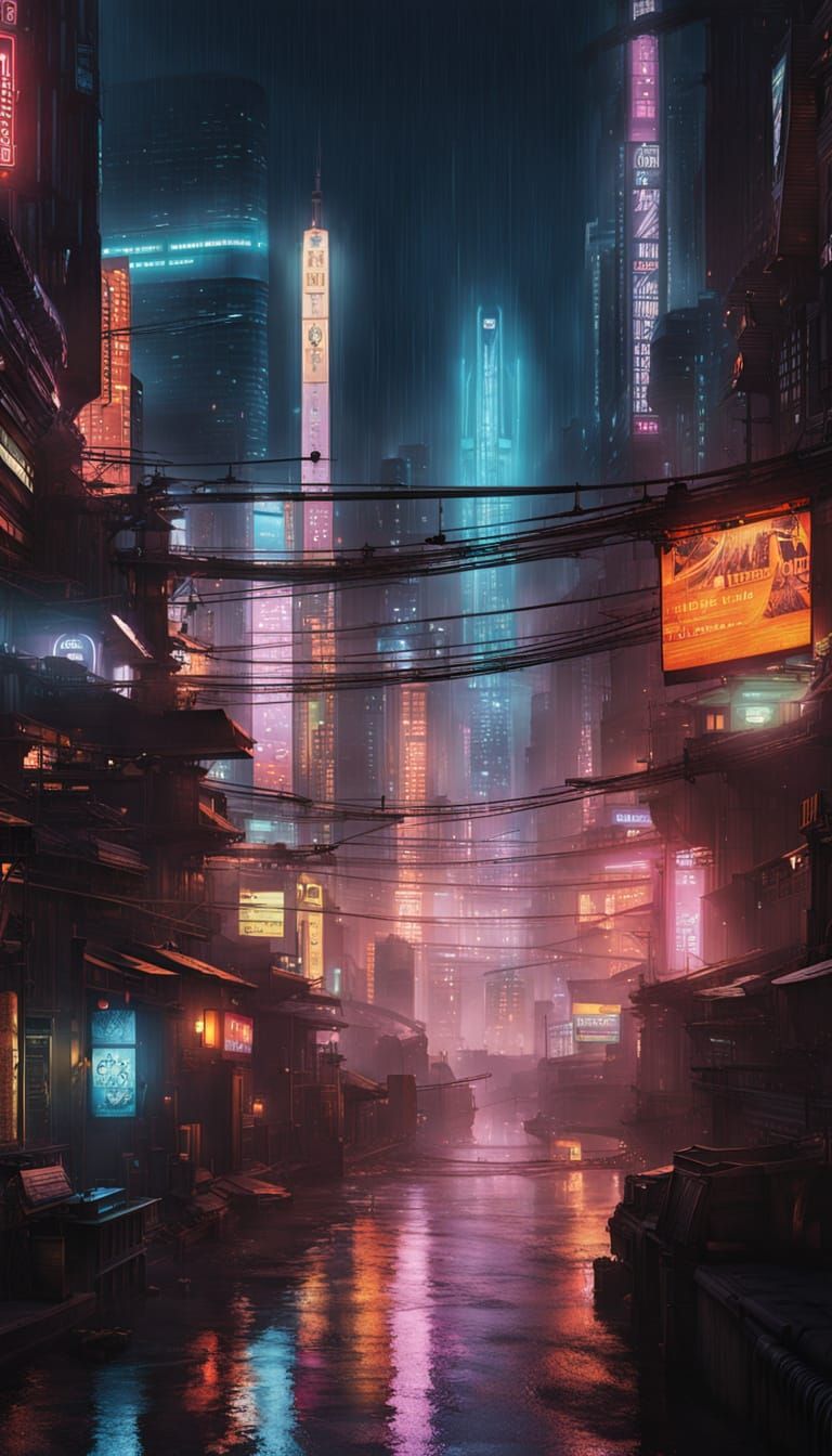 Cyberpunk Megalopolis at Night: Futuristic Blade Runner City...