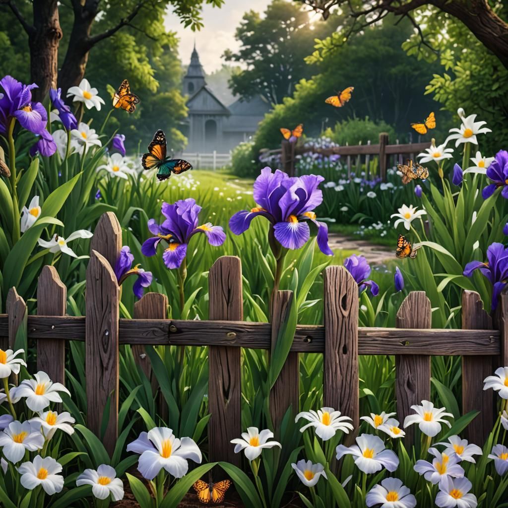 Floral Still Life: Iris, Daisies, and Butterflies