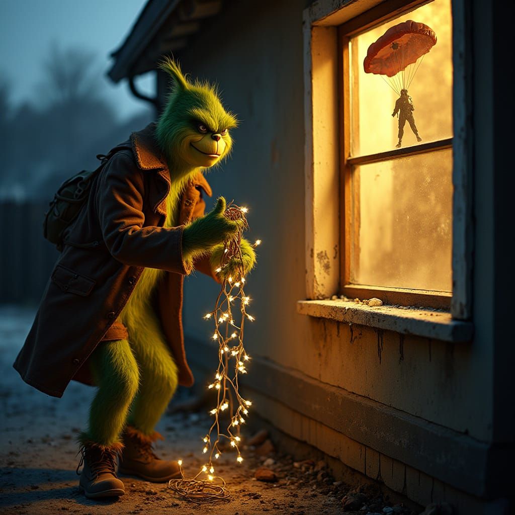 Grinch Covets Skydiving Thrill with Stolen Christmas Lights