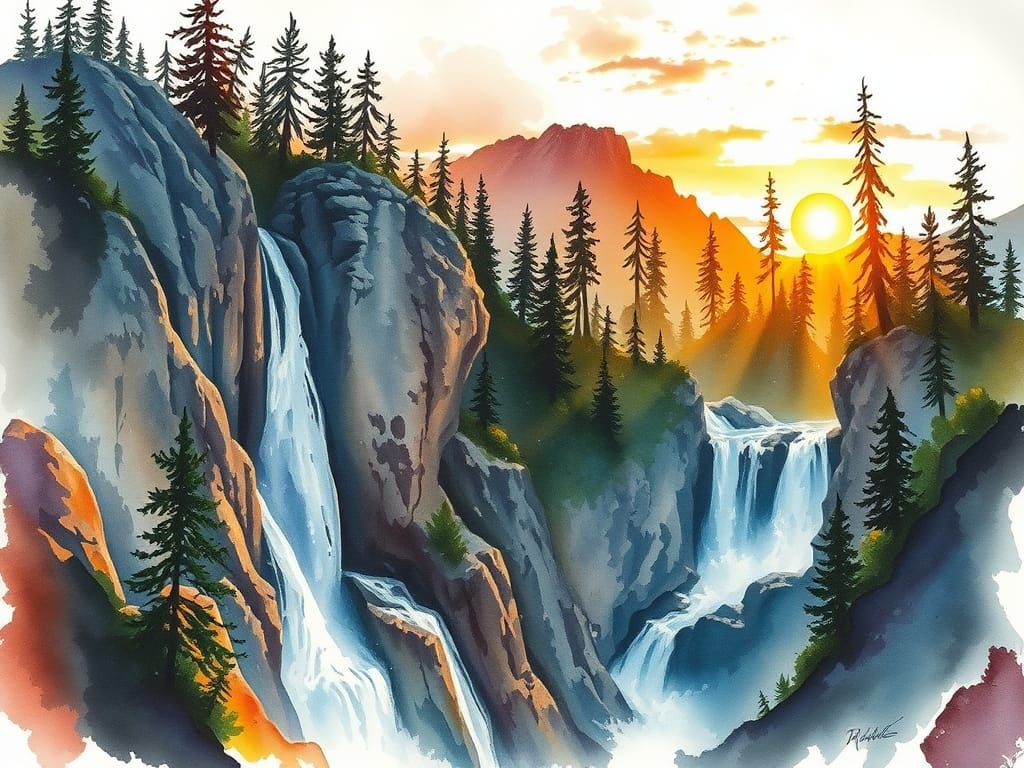 Breathtaking Watercolor Mountain Landscape at Sunset