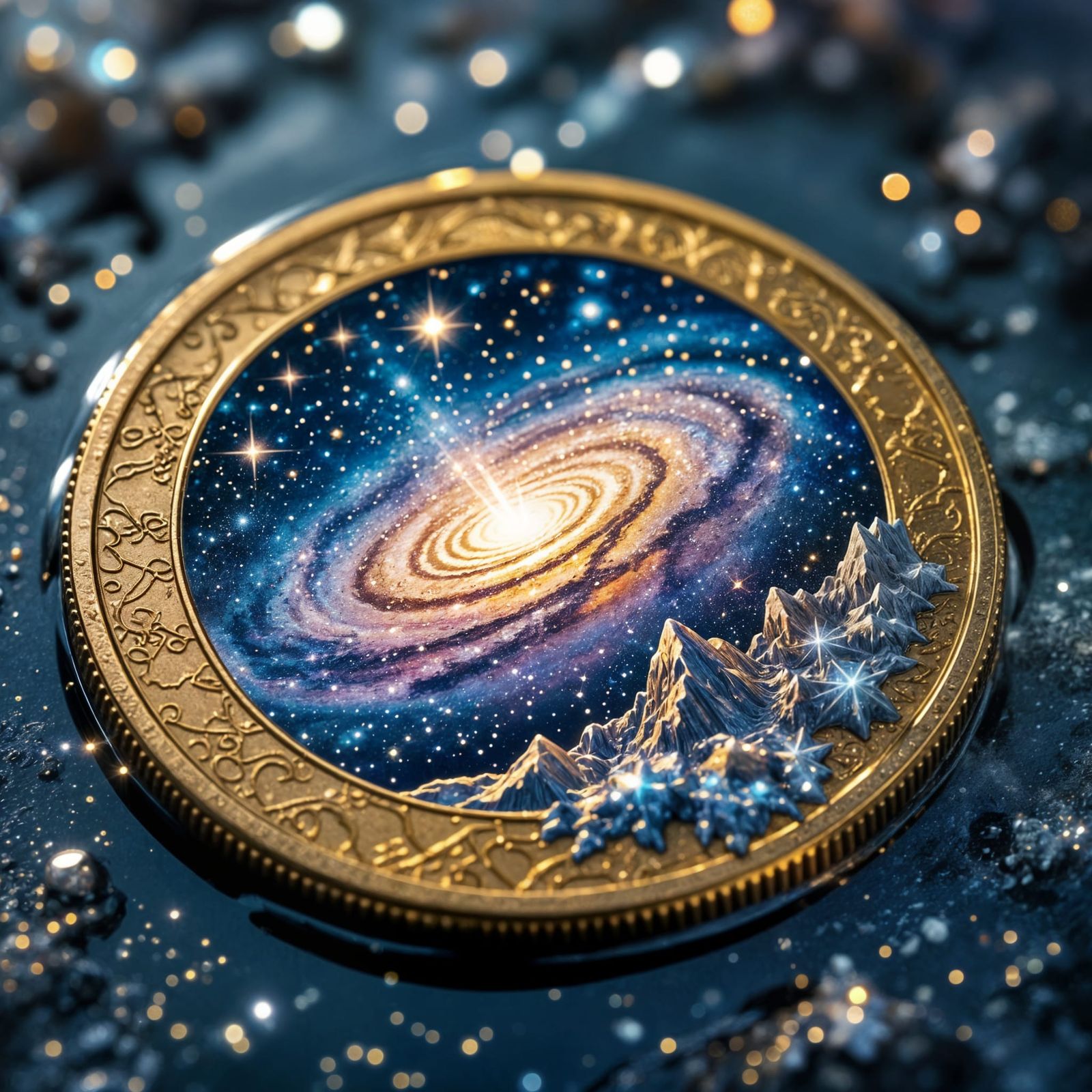 Ornate Galaxy Coin Submerged in Starlight Pool