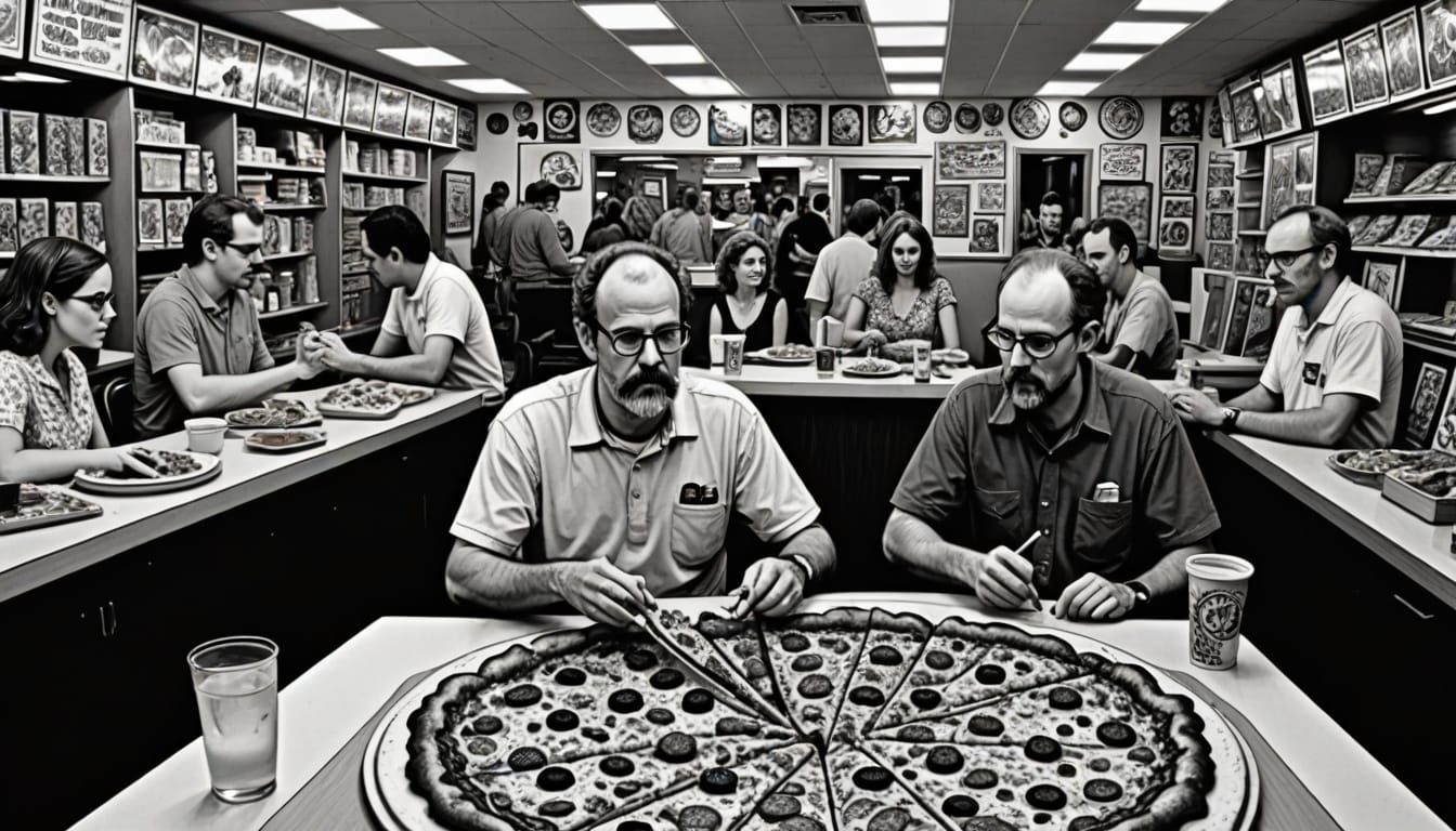 Man Eating Pizza in Underground Comic Book Style