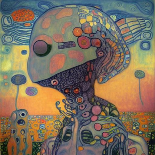 Alien in Floral Field, Klimt-Inspired Sunset