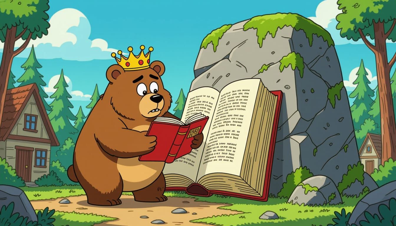 Giant Bear Struggles With Tiny Crown and Huge Book