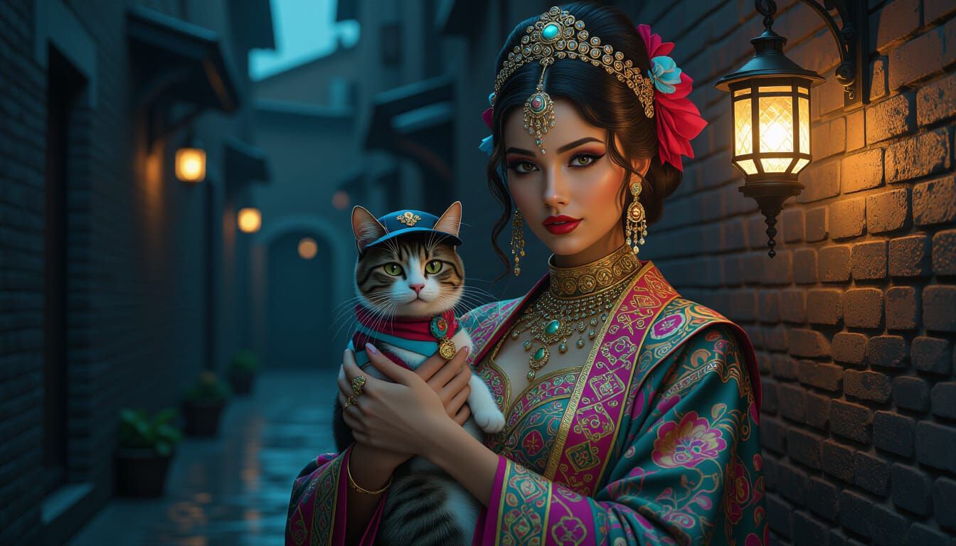 Hyperrealistic Woman with Cat in Ornate Attire