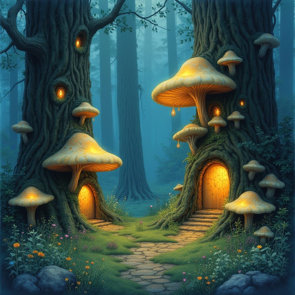 Enchanting Mushroom Village in Watercolor Style