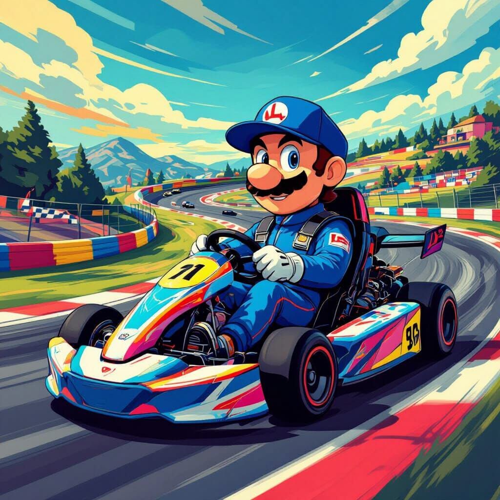 Luigi Races in Go-Kart, Digital Art Style