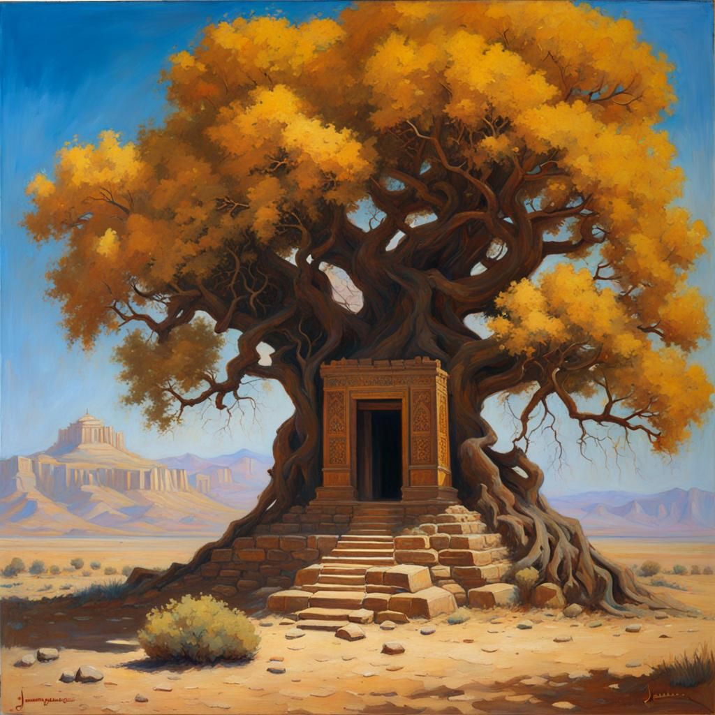 Desert Temple with Sycamore Tree: Oil Painting