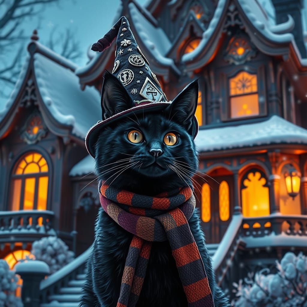 Whimsical Black Cat in Front of Snowy Victorian House in Wiz...