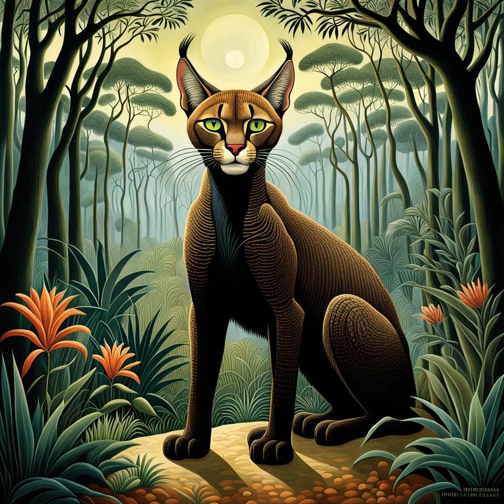 Whimsical Caracal Portrait in Naive Art Style