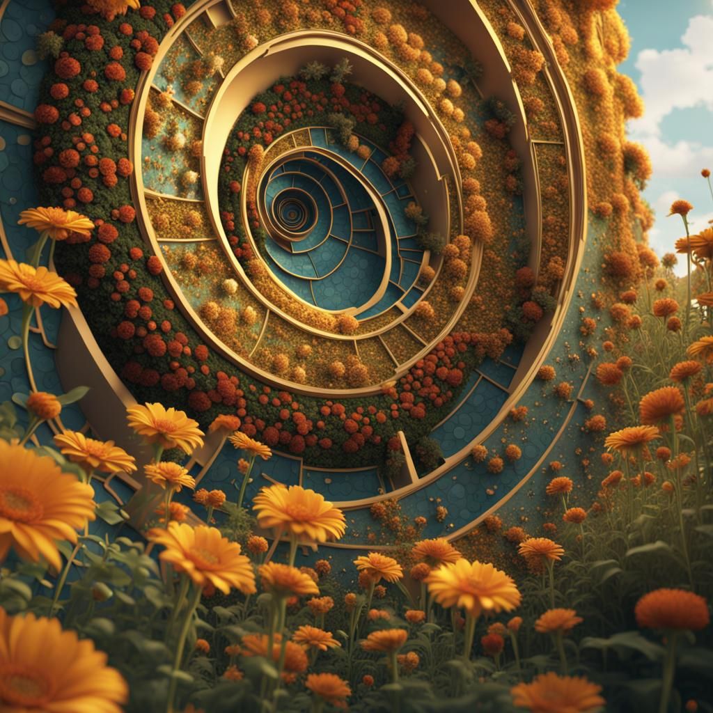 Klimt-Inspired Fractal Garden with Fibonacci Flowers