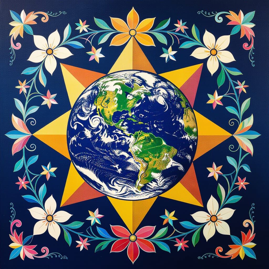 Earth Emblem with Stars and Flowers on Royal Blue