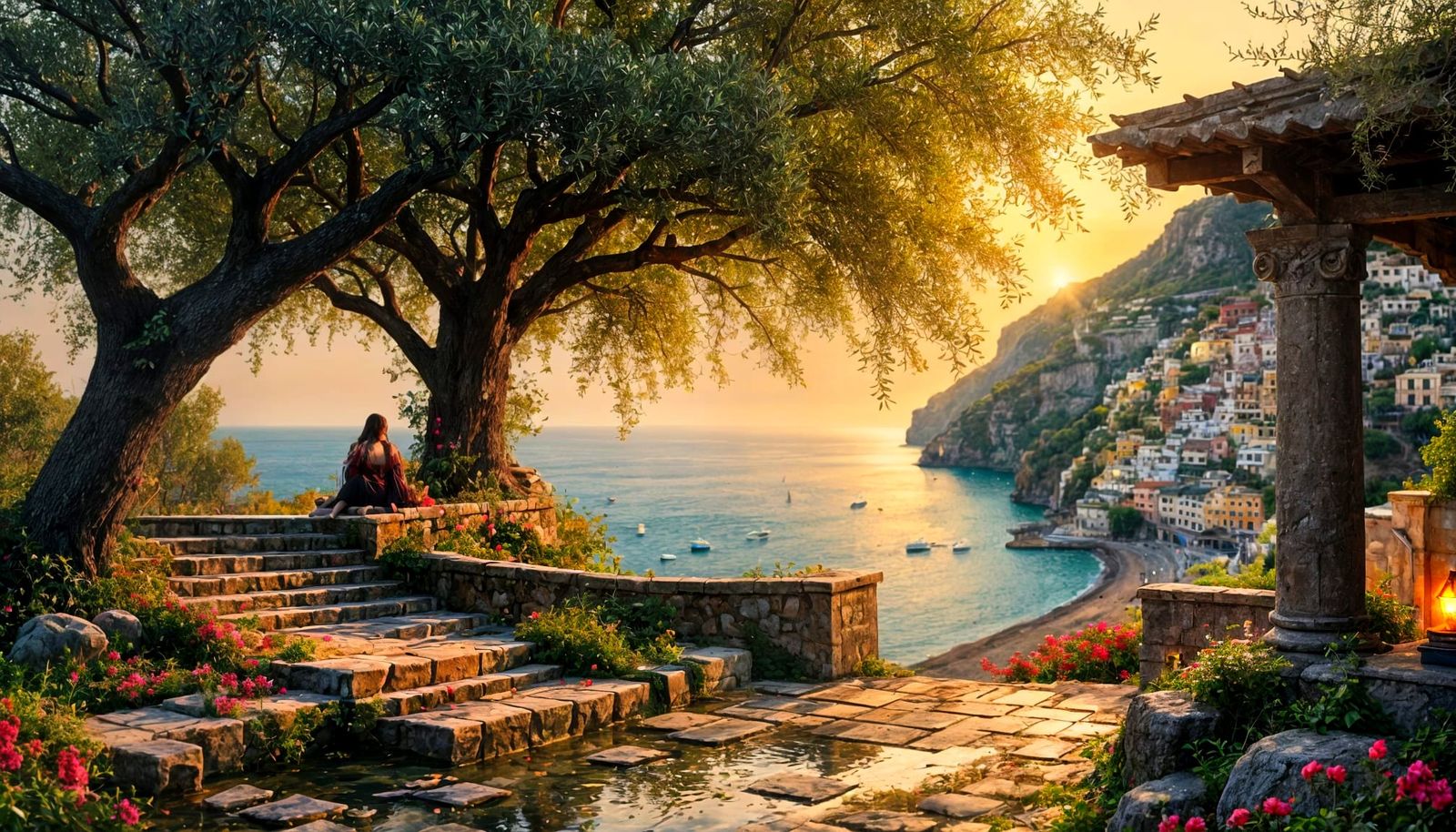Girl Under Blooming Olive Tree at Sunset