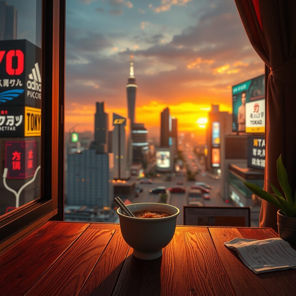 Tokyo Sunset Noodles: Hyper-Realistic Concept Art