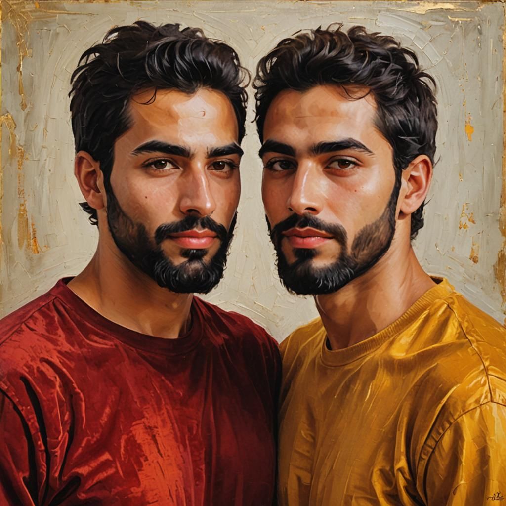 Handsome Gay Couple Portrait in Impasto Oil Painting