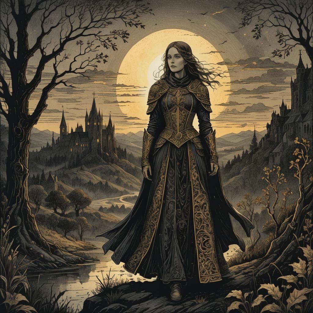 Val'kyrie Arriving: Gothic Woodcut in Golden Hour