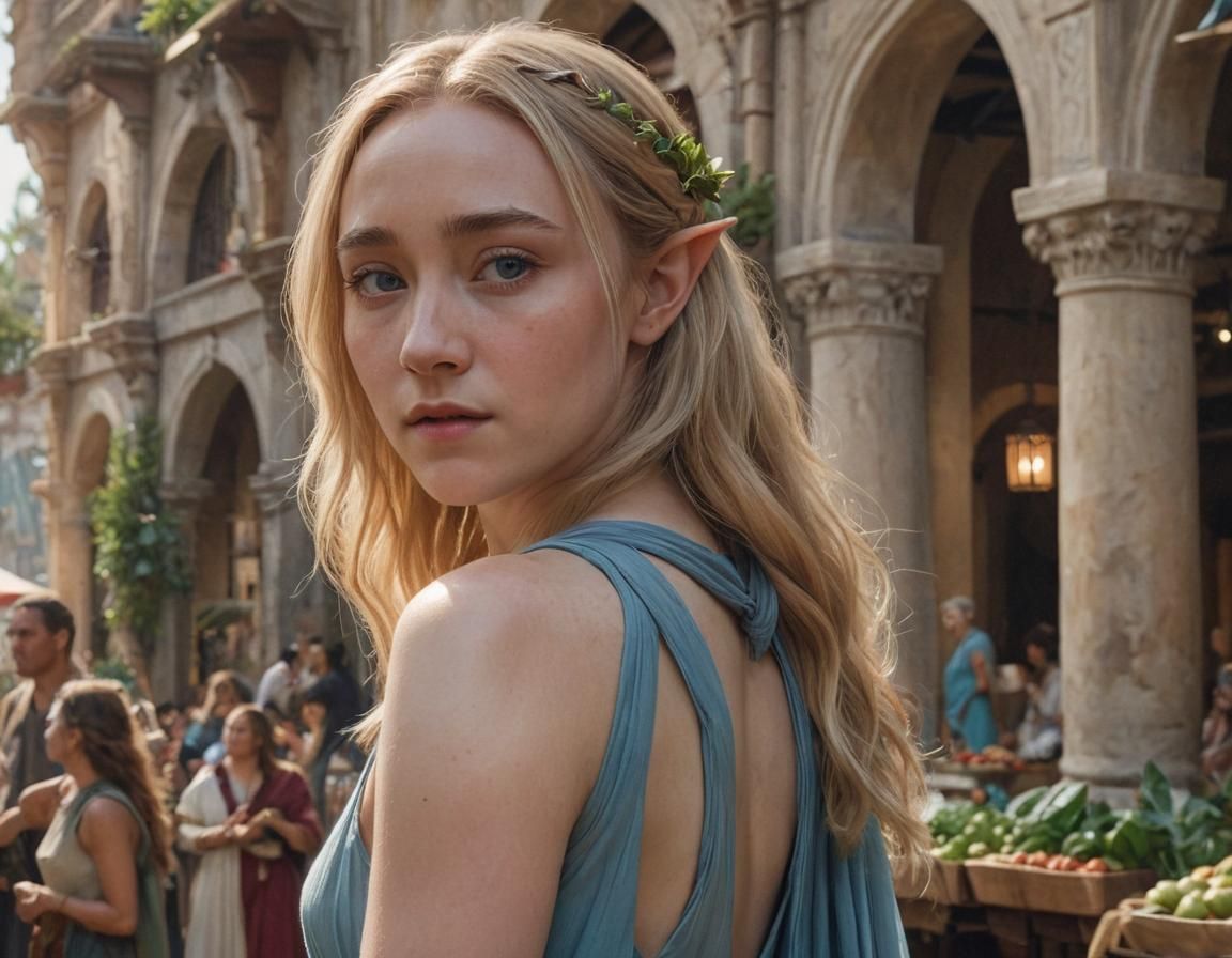 Fantasy Elf in Tropical City Market, Hyperdetailed Art